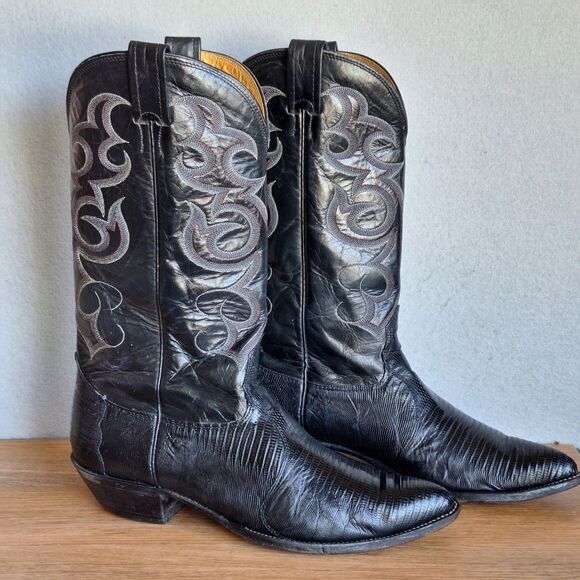 Nocona Vintage Mens 11 Teju Lizard Cowboy Boots Black Leather Western USA
